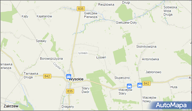 mapa Łosień gmina Wysokie, Łosień gmina Wysokie na mapie Targeo