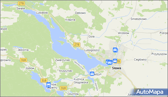 mapa Lubogoszcz gmina Sława, Lubogoszcz gmina Sława na mapie Targeo