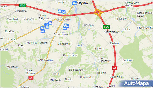 mapa Ługi gmina Stryków, Ługi gmina Stryków na mapie Targeo