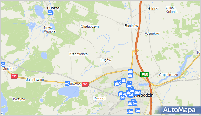 mapa Ługów gmina Świebodzin, Ługów gmina Świebodzin na mapie Targeo