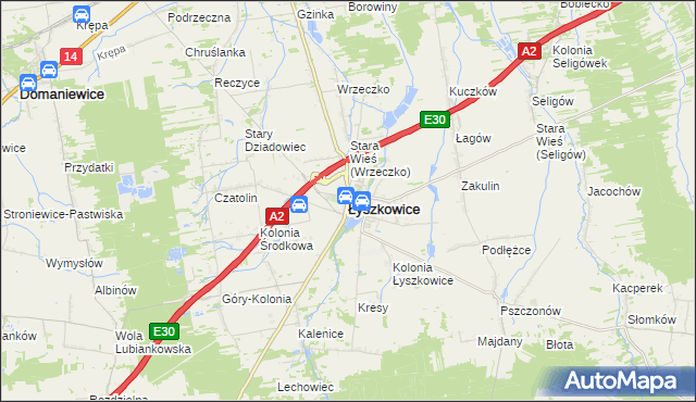 mapa Łyszkowice powiat łowicki, Łyszkowice powiat łowicki na mapie Targeo