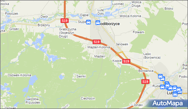 mapa Majdan gmina Modliborzyce, Majdan gmina Modliborzyce na mapie Targeo
