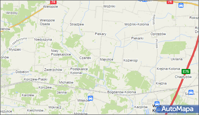 mapa Mąkolice gmina Wola Krzysztoporska, Mąkolice gmina Wola Krzysztoporska na mapie Targeo