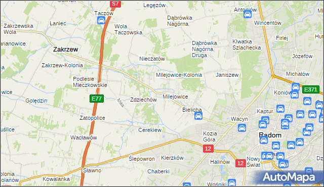 mapa Milejowice gmina Zakrzew, Milejowice gmina Zakrzew na mapie Targeo