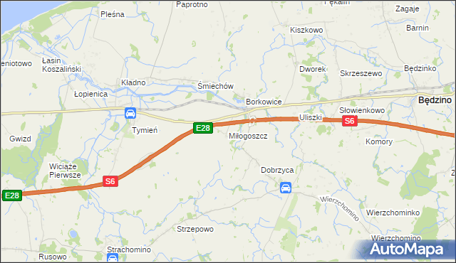 mapa Miłogoszcz gmina Będzino, Miłogoszcz gmina Będzino na mapie Targeo