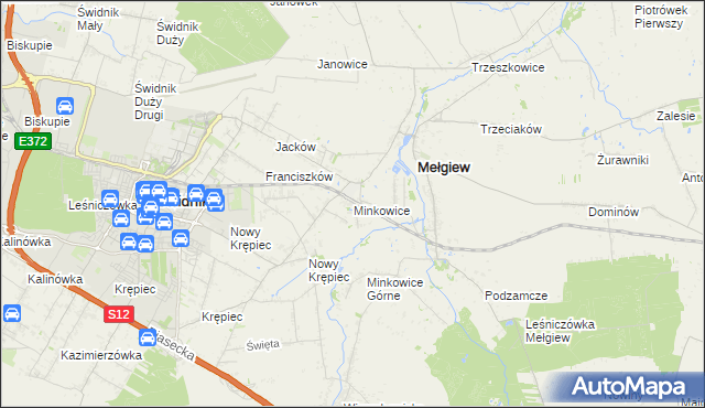 mapa Minkowice gmina Mełgiew, Minkowice gmina Mełgiew na mapie Targeo