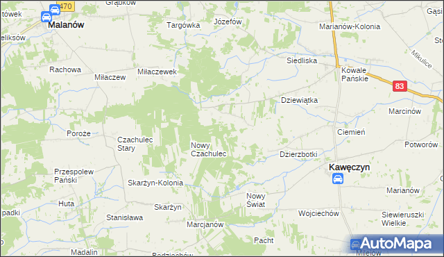 mapa Młodzianów gmina Kawęczyn, Młodzianów gmina Kawęczyn na mapie Targeo