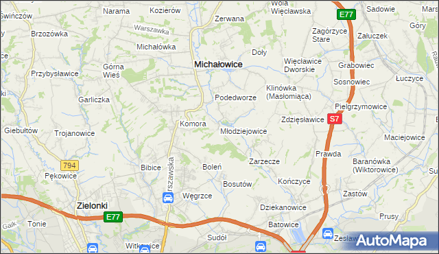 mapa Młodziejowice gmina Michałowice, Młodziejowice gmina Michałowice na mapie Targeo