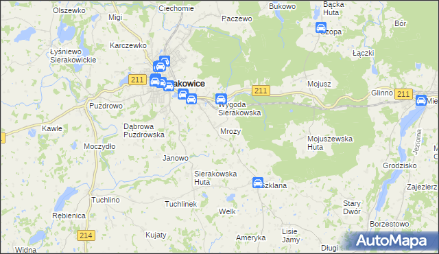 mapa Mrozy gmina Sierakowice, Mrozy gmina Sierakowice na mapie Targeo