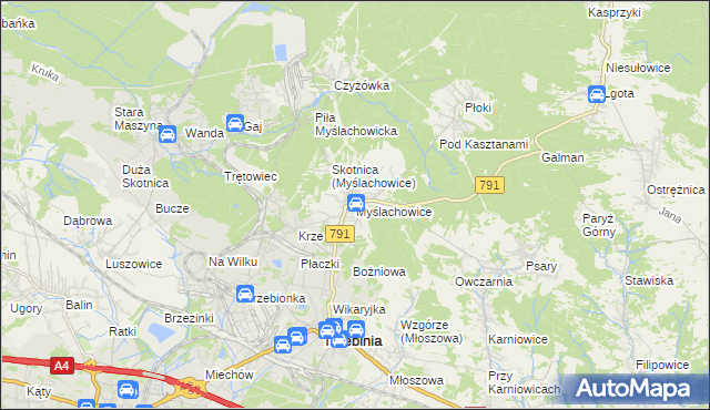 mapa Myślachowice, Myślachowice na mapie Targeo
