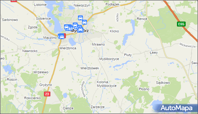 mapa Myśliborzyce gmina Myślibórz, Myśliborzyce gmina Myślibórz na mapie Targeo
