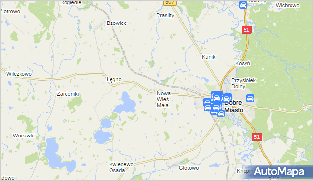 mapa Nowa Wieś Mała gmina Dobre Miasto, Nowa Wieś Mała gmina Dobre Miasto na mapie Targeo