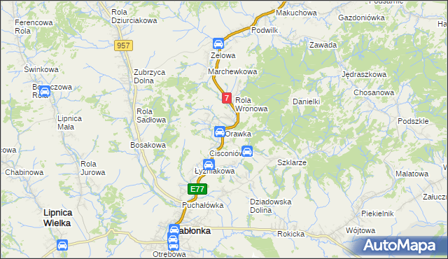 mapa Orawka gmina Jabłonka, Orawka gmina Jabłonka na mapie Targeo