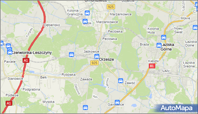 mapa Orzesze powiat mikołowski, Orzesze powiat mikołowski na mapie Targeo