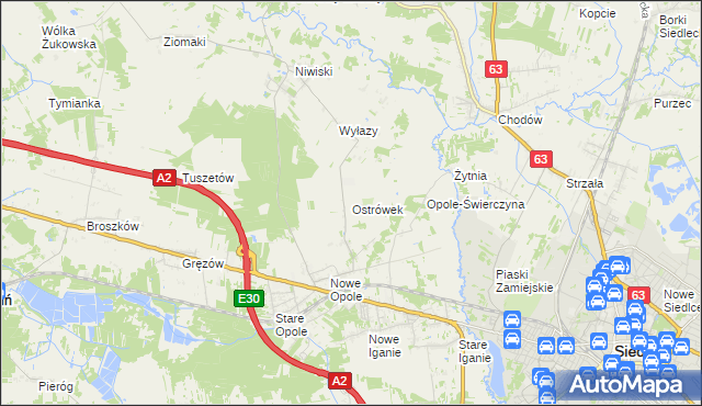 mapa Ostrówek gmina Siedlce, Ostrówek gmina Siedlce na mapie Targeo