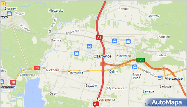 mapa Ożarowice, Ożarowice na mapie Targeo