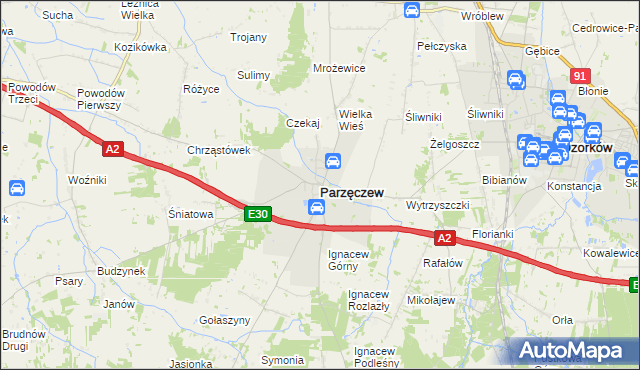 mapa Parzęczew powiat zgierski, Parzęczew powiat zgierski na mapie Targeo