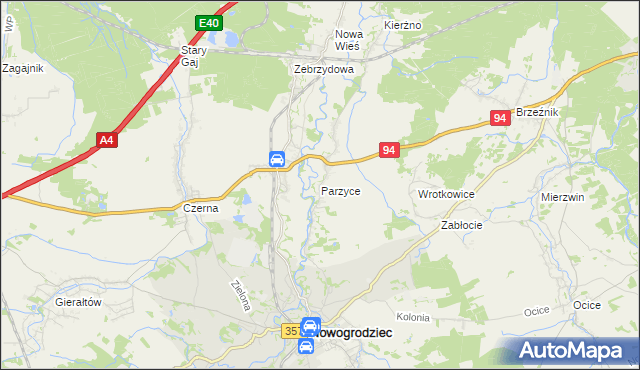 mapa Parzyce gmina Nowogrodziec, Parzyce gmina Nowogrodziec na mapie Targeo