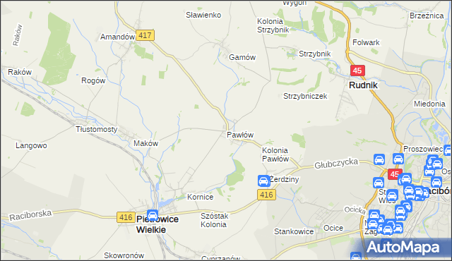 mapa Pawłów gmina Pietrowice Wielkie, Pawłów gmina Pietrowice Wielkie na mapie Targeo