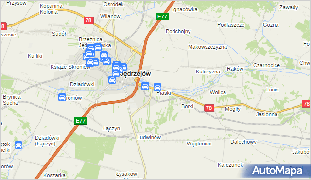 mapa Piaski gmina Jędrzejów, Piaski gmina Jędrzejów na mapie Targeo
