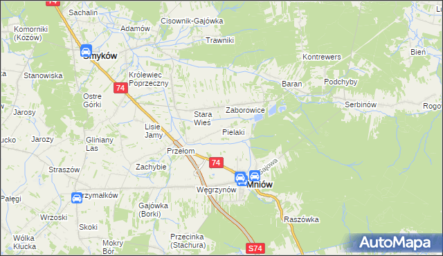 mapa Pielaki gmina Mniów, Pielaki gmina Mniów na mapie Targeo