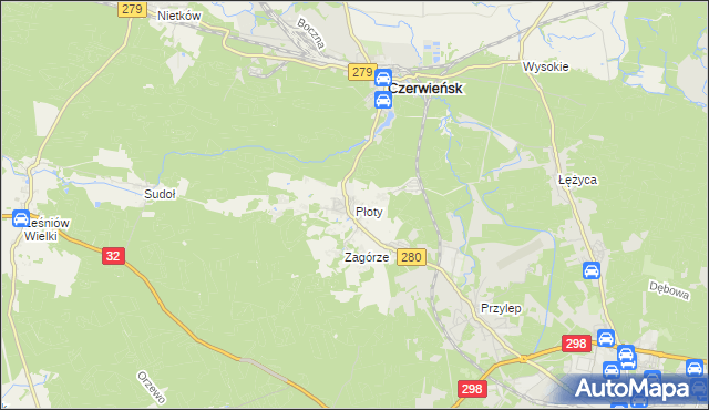 mapa Płoty gmina Czerwieńsk, Płoty gmina Czerwieńsk na mapie Targeo