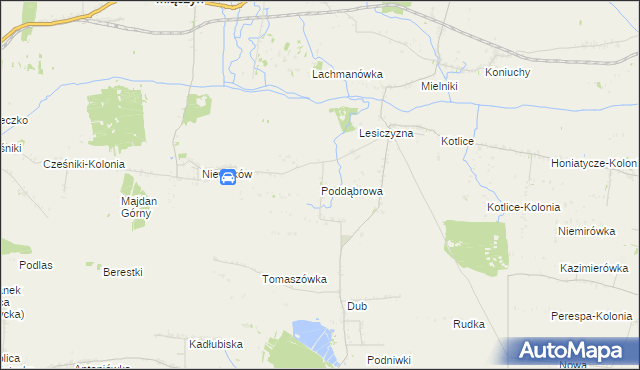 mapa Poddąbrowa gmina Miączyn, Poddąbrowa gmina Miączyn na mapie Targeo