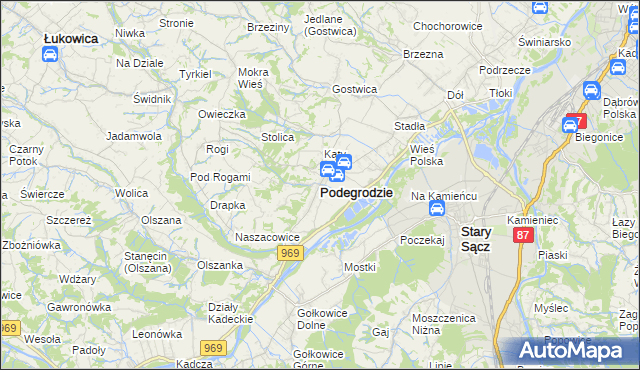 mapa Podegrodzie powiat nowosądecki, Podegrodzie powiat nowosądecki na mapie Targeo