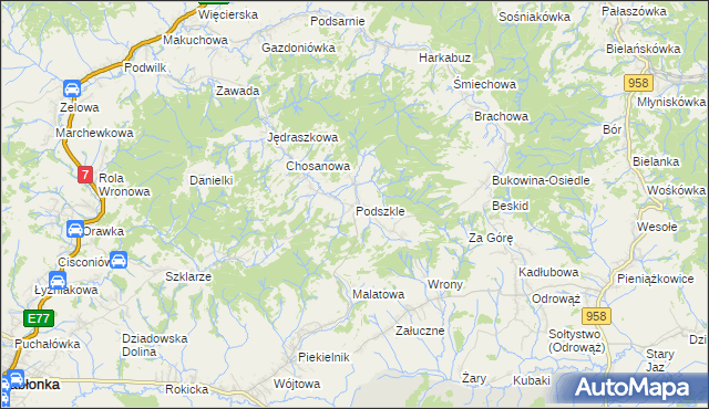 mapa Podszkle gmina Czarny Dunajec, Podszkle gmina Czarny Dunajec na mapie Targeo