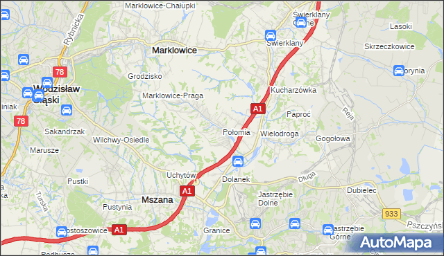 mapa Połomia gmina Mszana, Połomia gmina Mszana na mapie Targeo