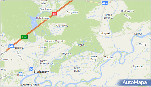 mapa Poręba gmina Brańszczyk, Poręba gmina Brańszczyk na mapie Targeo