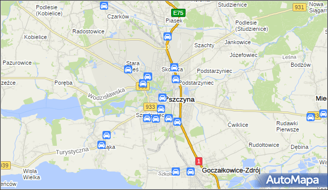mapa Pszczyny, Pszczyna na mapie Targeo
