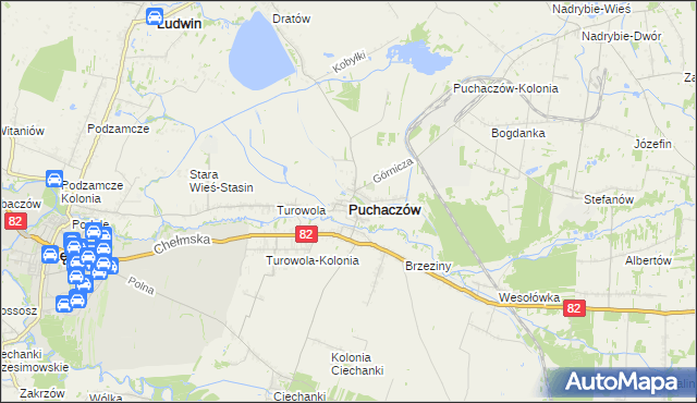 mapa Puchaczów powiat łęczyński, Puchaczów powiat łęczyński na mapie Targeo