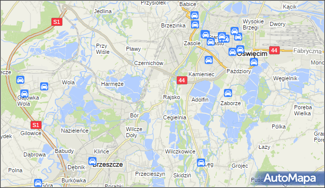 mapa Rajsko gmina Oświęcim, Rajsko gmina Oświęcim na mapie Targeo