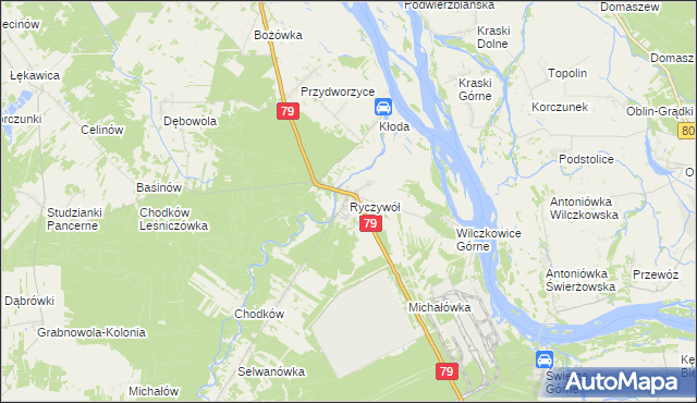 mapa Ryczywół gmina Kozienice, Ryczywół gmina Kozienice na mapie Targeo