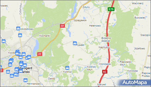 mapa Rywałd gmina Starogard Gdański, Rywałd gmina Starogard Gdański na mapie Targeo