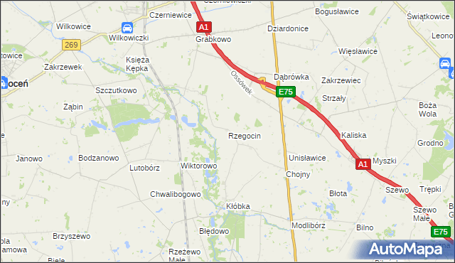 mapa Rzegocin gmina Lubień Kujawski, Rzegocin gmina Lubień Kujawski na mapie Targeo