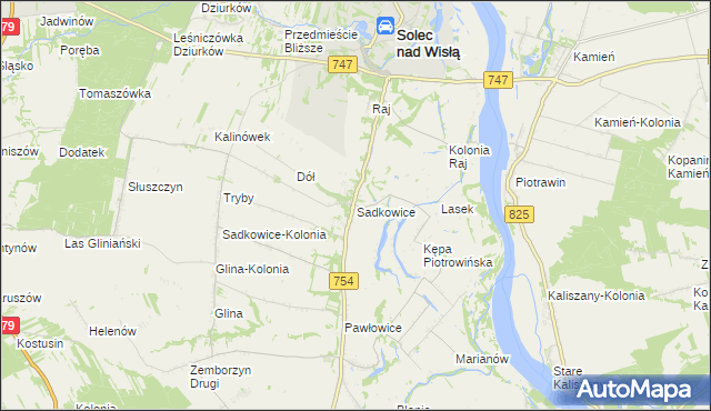 mapa Sadkowice gmina Solec nad Wisłą, Sadkowice gmina Solec nad Wisłą na mapie Targeo
