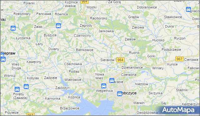 mapa Sieraków gmina Dobczyce, Sieraków gmina Dobczyce na mapie Targeo
