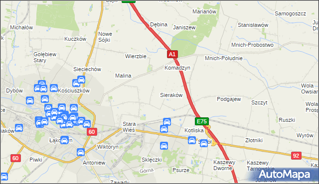 mapa Sieraków gmina Kutno, Sieraków gmina Kutno na mapie Targeo