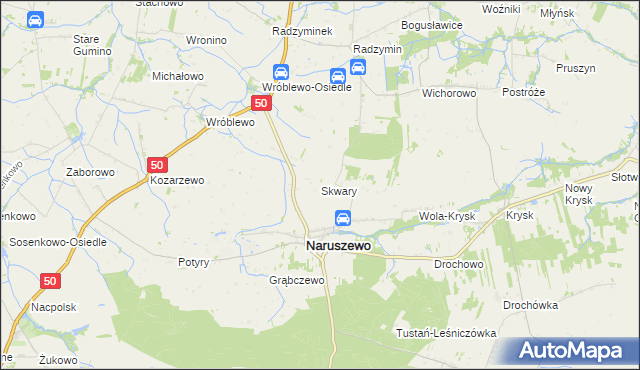 mapa Skwary gmina Naruszewo, Skwary gmina Naruszewo na mapie Targeo