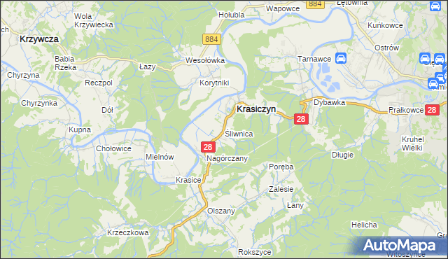 mapa Śliwnica gmina Krasiczyn, Śliwnica gmina Krasiczyn na mapie Targeo
