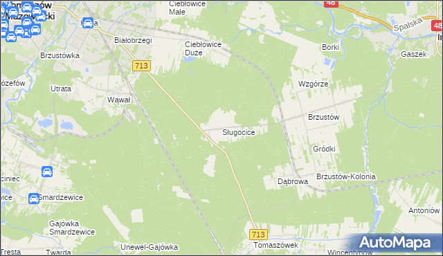 mapa Sługocice gmina Tomaszów Mazowiecki, Sługocice gmina Tomaszów Mazowiecki na mapie Targeo