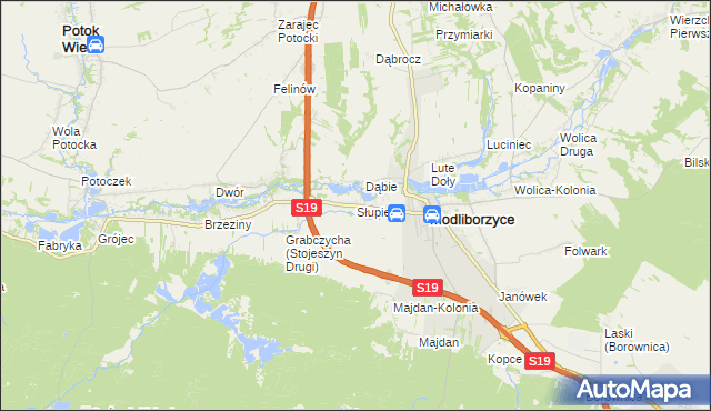 mapa Słupie gmina Modliborzyce, Słupie gmina Modliborzyce na mapie Targeo