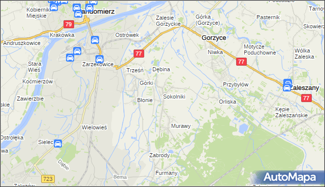 mapa Sokolniki gmina Gorzyce, Sokolniki gmina Gorzyce na mapie Targeo