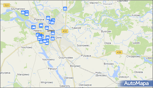 mapa Sosnowiec gmina Śrem, Sosnowiec gmina Śrem na mapie Targeo