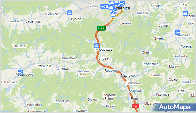 mapa Stróża gmina Pcim, Stróża gmina Pcim na mapie Targeo