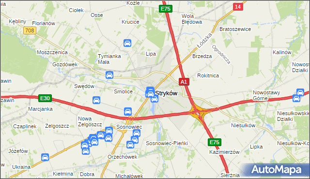 mapa Stryków powiat zgierski, Stryków powiat zgierski na mapie Targeo