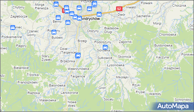 mapa Sułkowice gmina Andrychów, Sułkowice gmina Andrychów na mapie Targeo