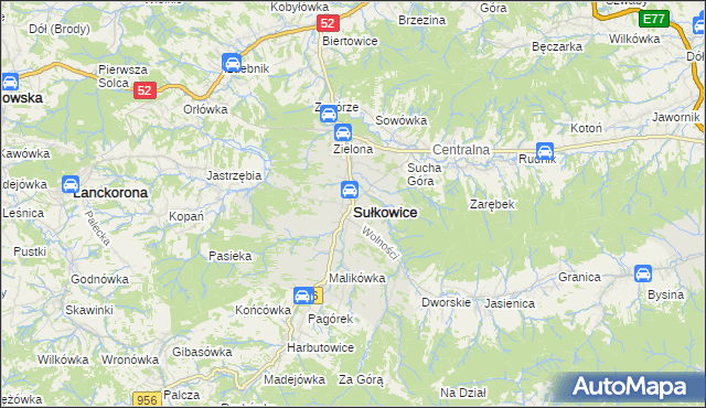 mapa Sułkowice powiat myślenicki, Sułkowice powiat myślenicki na mapie Targeo